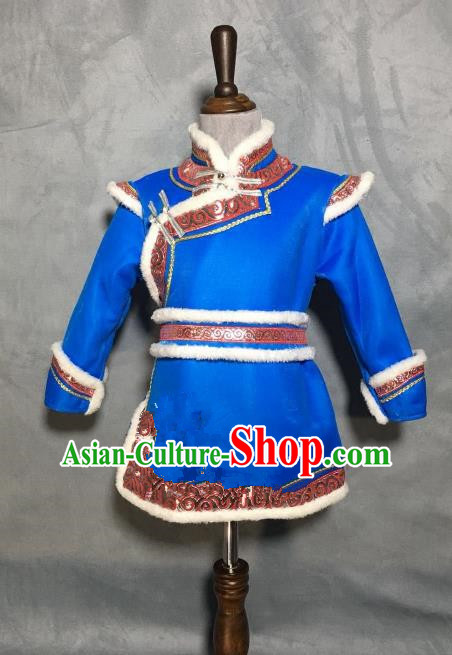 Chinese Traditional Mongol Nationality Boys Blue Mongolian Robe, China Mongolian Minority Folk Dance Ethnic Costume for Kids