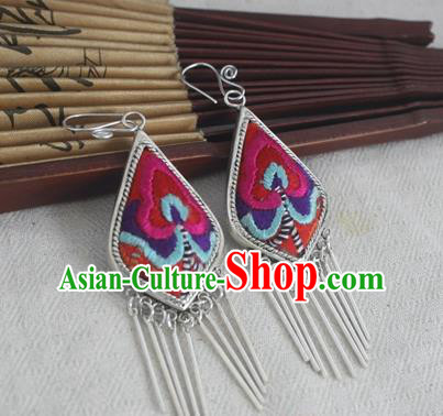 Traditional Chinese Miao Sliver Embroidered Rosy Flower Earrings Ornaments Hmong Sliver Eardrop for Women