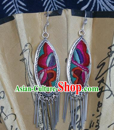 Traditional Chinese Miao Sliver Earrings Ornaments Hmong Sliver Embroidered Eardrop for Women
