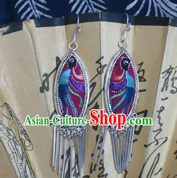 Traditional Chinese Miao Sliver Earrings Ornaments Hmong Sliver Embroidered Phoenix Eardrop for Women