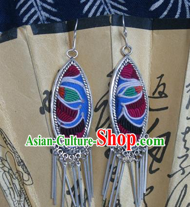 Traditional Chinese Miao Sliver Earrings Ornaments Hmong Embroidered Eardrop for Women