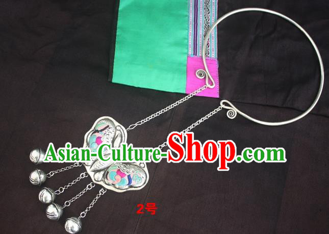 Traditional Chinese Miao Sliver Carving Butterfly Necklace Ornaments Hmong Embroidered Longevity Lock for Women