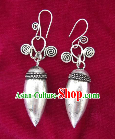 Chinese Miao Sliver Eardrop Ornaments Traditional Hmong Sliver Earrings for Women