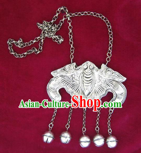 Traditional Chinese Miao Sliver Carving Bat Necklace Hmong Ornaments Longevity Lock for Women