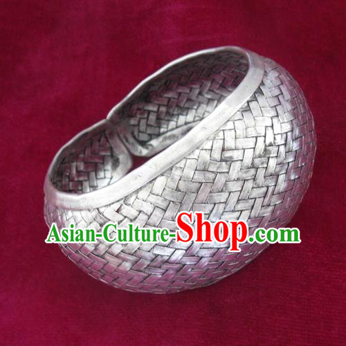 Handmade Chinese Miao Nationality Wide Bracelet Traditional Hmong Sliver Bangle for Women