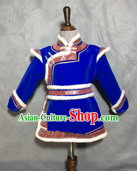 Chinese Traditional Mongol Nationality Boys Royalblue Mongolian Robe, China Mongolian Minority Folk Dance Ethnic Costume for Kids