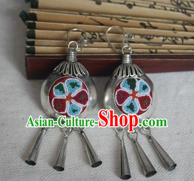 Traditional Chinese Miao Sliver Embroidered Earrings Hmong Ornaments Tassel Eardrop for Women