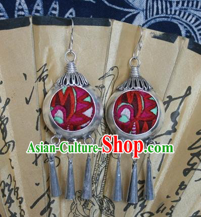 Traditional Chinese Miao Sliver Embroidered Red Earrings Hmong Ornaments Tassel Eardrop for Women