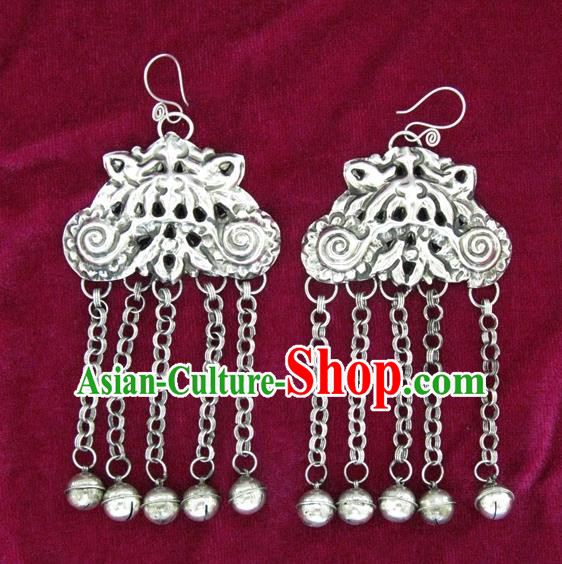 Traditional Chinese Miao Sliver Earrings Hmong Ornaments Bells Tassel Eardrop for Women