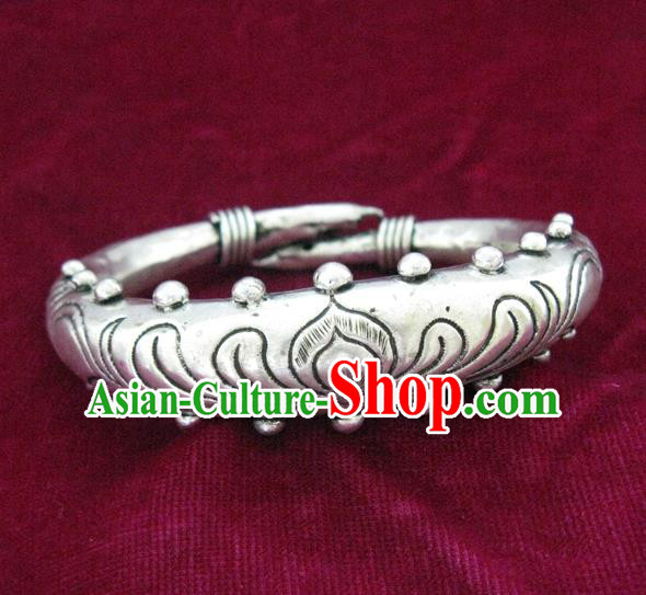 Handmade Chinese Miao Nationality Carving Lotus Bracelet Traditional Hmong Sliver Bangle for Women