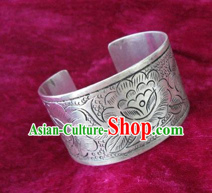 Handmade Chinese Miao Nationality Carving Peony Bracelet Traditional Hmong Sliver Bangle for Women