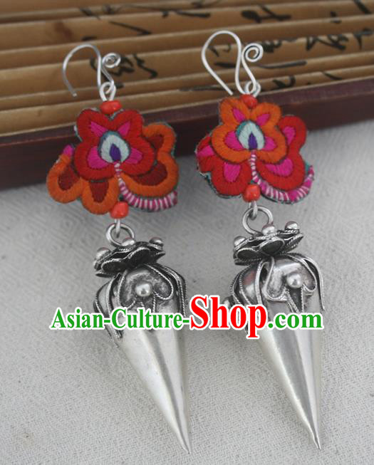 Traditional Chinese Miao Sliver Embroidered Earrings Hmong Ornaments Minority Headwear for Women