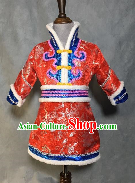 Chinese Traditional Mongol Nationality Red Mongolian Robe, China Mongolian Minority Folk Dance Ethnic Costume for Kids