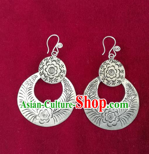 Chinese Miao Sliver Traditional Carving Flower Earrings Hmong Ornaments Minority Headwear for Women
