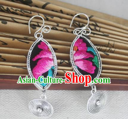 Chinese Miao Sliver Traditional Embroidered Lotus Earrings Hmong Ornaments Minority Headwear for Women