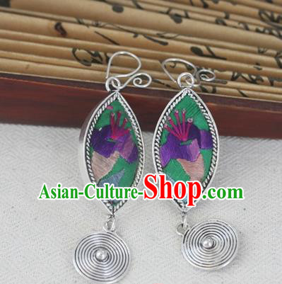 Chinese Miao Sliver Traditional Embroidered Green Earrings Hmong Ornaments Minority Headwear for Women