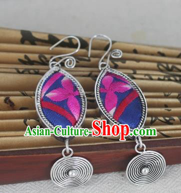 Chinese Miao Sliver Traditional Embroidered Purple Earrings Hmong Ornaments Minority Headwear for Women