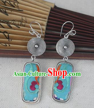 Chinese Miao Sliver Traditional Embroidered Green Earrings Hmong Ornaments Minority Headwear for Women