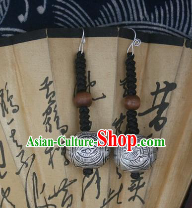 Chinese Miao Sliver Traditional Carving Earrings Hmong Ornaments Minority Headwear for Women