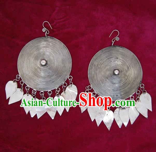 Traditional Chinese Miao Sliver Eardrop Ornaments Hmong Sliver Earrings for Women