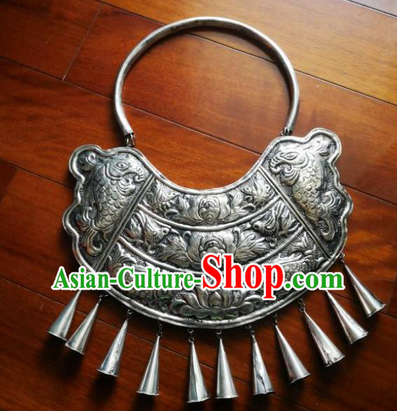 Chinese Miao Sliver Traditional Carving Necklace Hmong Ornaments Minority Longevity Lock Headwear for Women