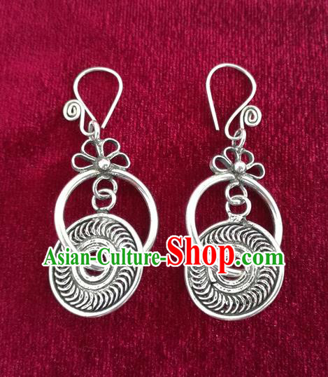 Chinese Miao Sliver Traditional Earrings Hmong Ornaments Minority Longevity Lock Headwear for Women