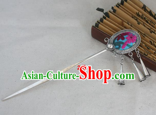 Traditional Chinese Miao Nationality Embroidered Blue Hair Clip Hanfu Sliver Hairpins Hair Accessories for Women