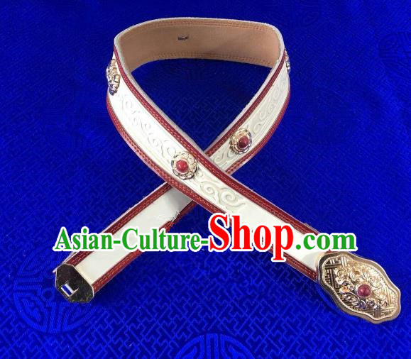 Traditional Chinese Mongol Nationality Waistband Mongolian Robe White Leather Belts for Women