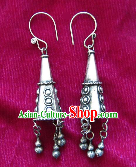 Traditional Chinese Miao Sliver Trumpet Earrings Ornaments Hmong Sliver Carving Eardrop for Women