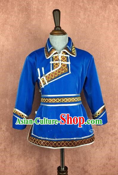 Chinese Traditional Mongol Nationality Royalblue Clothing, China Mongolian Minority Folk Dance Ethnic Costume for Kids