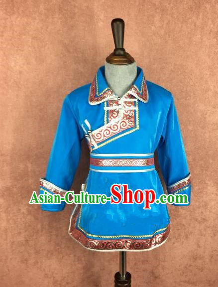 Chinese Traditional Mongol Nationality Blue Clothing, China Mongolian Minority Folk Dance Ethnic Costume for Kids