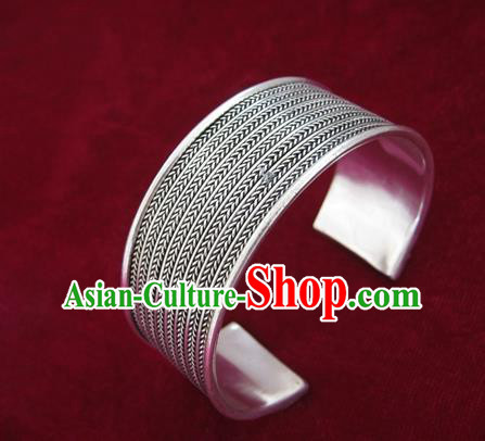 Handmade Chinese Miao Sliver Ornaments Wide Bracelet Traditional Hmong Sliver Bangle for Women