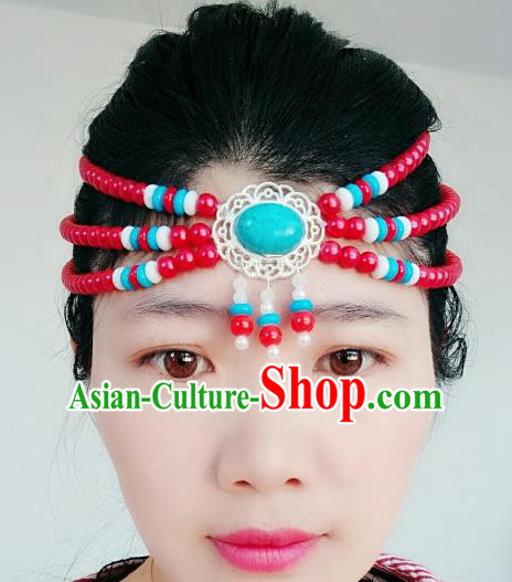 Chinese Traditional Mongol Stage Performance Tassel Hair Accessories, Mongolian Folk Dance Red Beads Hair Clasp Headwear for Women