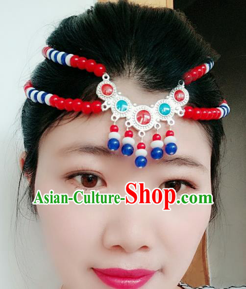 Chinese Traditional Mongol Stage Performance Red Beads Tassel Hair Accessories, Mongolian Folk Dance Hair Clasp Headwear for Women