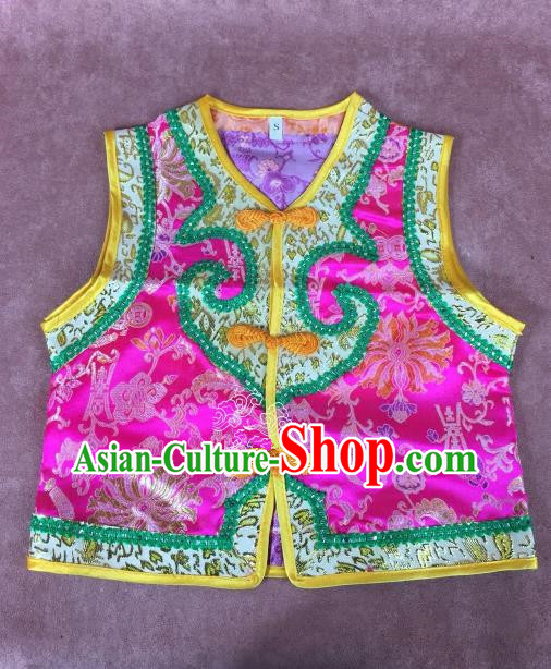 Chinese Traditional Mongol Nationality Pink Vest, China Mongolian Minority Folk Dance Waistcoat Ethnic Costume for Kids