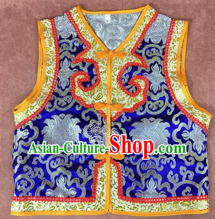 Chinese Traditional Mongol Nationality Royalblue Vest, China Mongolian Minority Folk Dance Waistcoat Ethnic Costume for Kids