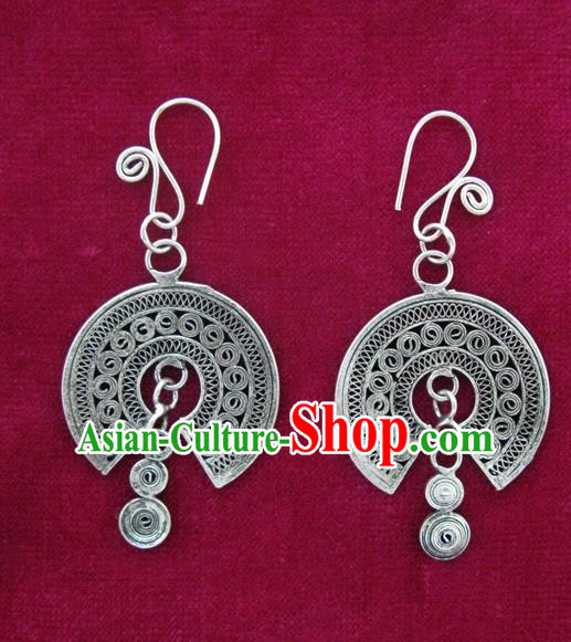 Traditional Chinese Miao Sliver Earrings Hmong Ornaments Minority Eardrop for Women