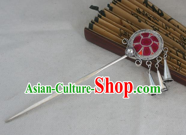 Traditional Chinese Miao Nationality Embroidered Red Hair Clip Hanfu Sliver Hairpins Hair Accessories for Women