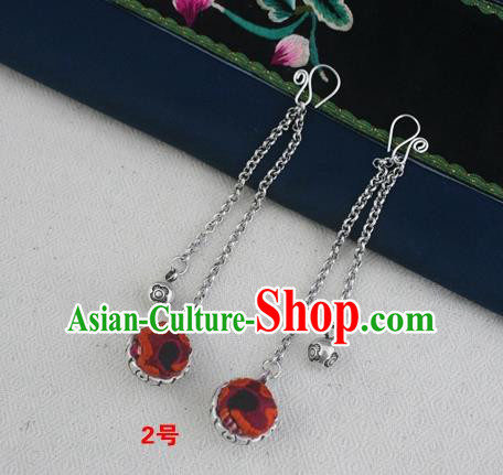 Traditional Chinese Miao Sliver Embroidered Orange Earrings Hmong Ornaments Minority Headwear for Women