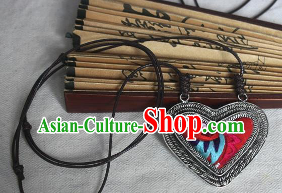 Traditional Chinese Miao Sliver Embroidered Red Necklace Hmong Ornaments Minority Sweater Chain for Women