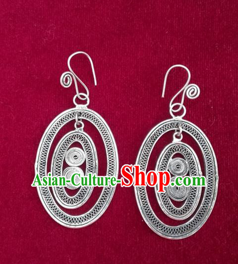 Traditional Chinese Miao Sliver Oval Earrings Hmong Ornaments Minority Headwear for Women