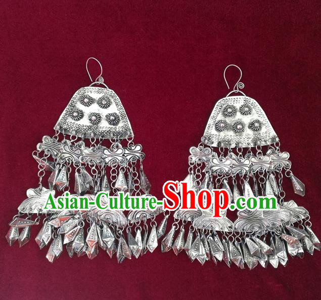 Traditional Chinese Miao Sliver Tassel Earrings Hmong Ornaments Minority Headwear for Women