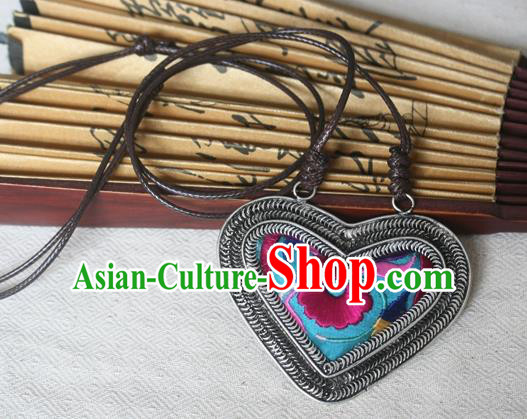 Traditional Chinese Miao Sliver Embroidered Blue Necklace Hmong Ornaments Minority Sweater Chain for Women