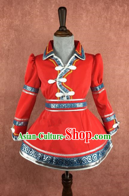 Chinese Traditional Girls Red Mongolian Robe Ethnic Costume, China Mongolian Minority Folk Dance Clothing for Kids