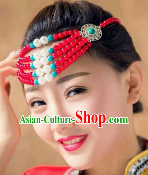 Chinese Traditional Mongol Stage Performance Hair Accessories, Mongolian Folk Dance Red Beads Headwear for Women