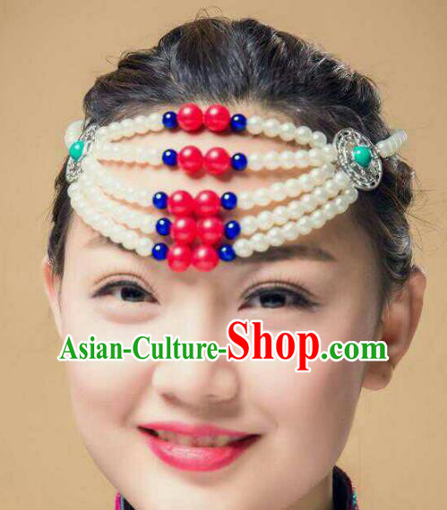 Chinese Traditional Mongol Stage Performance Hair Accessories, Mongolian Folk Dance White Beads Headwear for Women