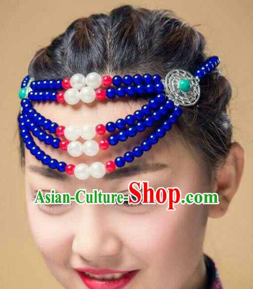 Chinese Traditional Mongol Stage Performance Hair Accessories, Mongolian Folk Dance Blue Beads Headwear for Women