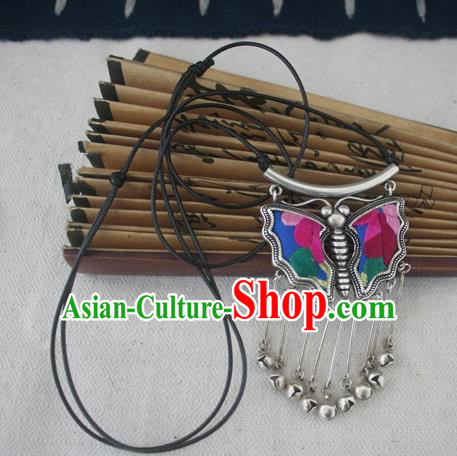 Chinese Miao Sliver Traditional Butterfly Tassel Necklace Hmong Ornaments Minority Embroidered Longevity Lock Headwear for Women
