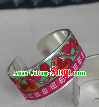 Handmade Chinese Miao Nationality Green Embroidered Flowers Sliver Bracelet Traditional Hmong Bangle for Women