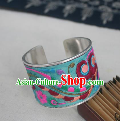 Handmade Chinese Miao Nationality Embroidered Flowers Sliver Bracelet Traditional Hmong Bangle for Women